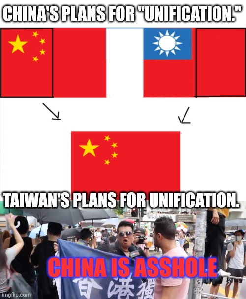 Don't worry kids those red commies are our friends! | CHINA'S PLANS FOR "UNIFICATION."; TAIWAN'S PLANS FOR UNIFICATION. CHINA IS ASSHOLE | image tagged in china is asshole,red,communist,scum,taiwan,forever | made w/ Imgflip meme maker