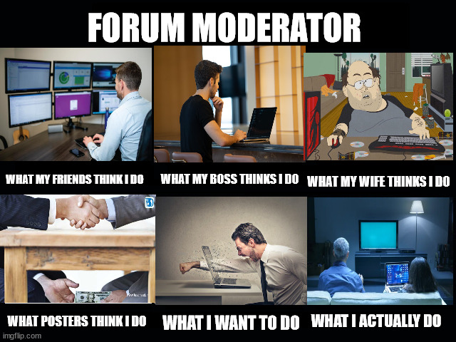 What my friends think I do | FORUM MODERATOR; WHAT MY BOSS THINKS I DO; WHAT MY WIFE THINKS I DO; WHAT MY FRIENDS THINK I DO; WHAT POSTERS THINK I DO; WHAT I WANT TO DO; WHAT I ACTUALLY DO | image tagged in what my friends think i do | made w/ Imgflip meme maker