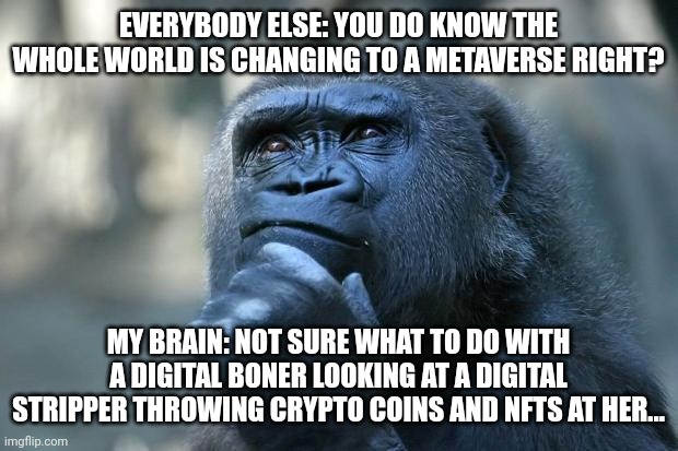 Me friend Erik | EVERYBODY ELSE: YOU DO KNOW THE WHOLE WORLD IS CHANGING TO A METAVERSE RIGHT? MY BRAIN: NOT SURE WHAT TO DO WITH A DIGITAL BONER LOOKING AT A DIGITAL STRIPPER THROWING CRYPTO COINS AND NFTS AT HER... | image tagged in deep thoughts | made w/ Imgflip meme maker