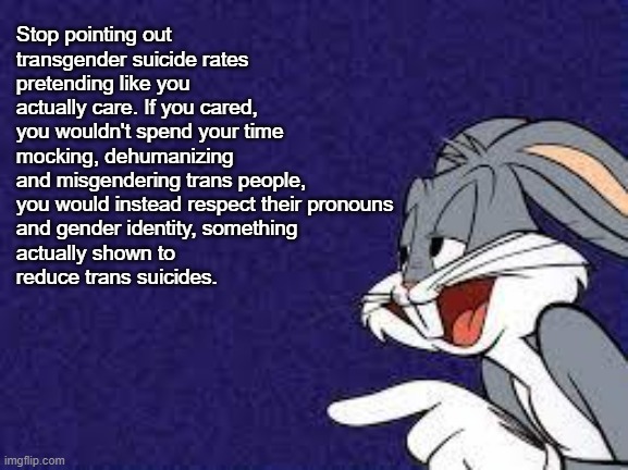 Conservatives are always on the wrong side of history, standing in the way of progress. | Stop pointing out
transgender suicide rates pretending like you actually care. If you cared, you wouldn't spend your time mocking, dehumanizing and misgendering trans people, you would instead respect their pronouns
and gender identity, something
actually shown to
reduce trans suicides. | image tagged in bugs bunny explains,lgbt,lgbtq,transgender,transphobic,conservative logic | made w/ Imgflip meme maker