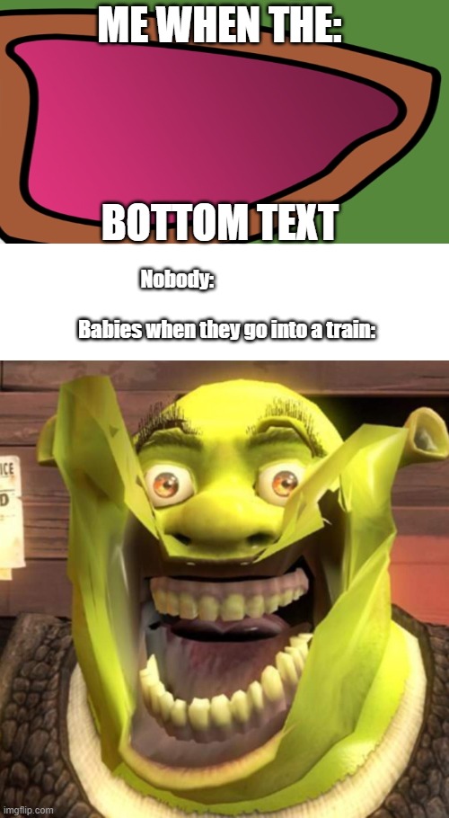 Two memes (Ok, relatable?) | ME WHEN THE:; BOTTOM TEXT; Nobody:                                                                       
Babies when they go into a train: | image tagged in cursed shrek might be screaming,pog | made w/ Imgflip meme maker