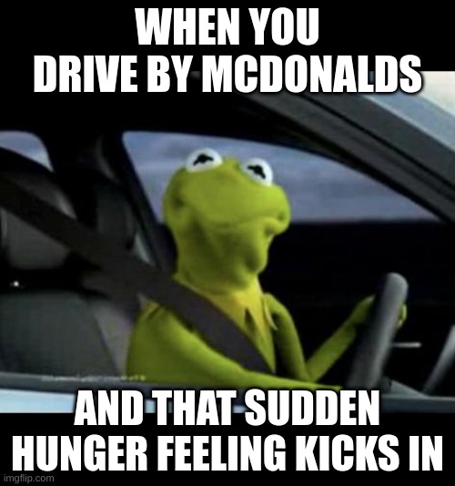 Kermit Driving | WHEN YOU DRIVE BY MCDONALDS; AND THAT SUDDEN HUNGER FEELING KICKS IN | image tagged in kermit driving | made w/ Imgflip meme maker