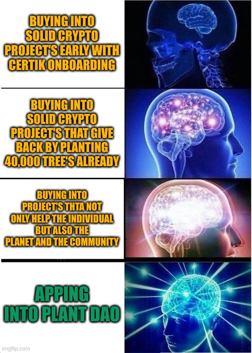 Expanding Brain Meme | BUYING INTO SOLID CRYPTO PROJECT'S EARLY WITH CERTIK ONBOARDING; BUYING INTO SOLID CRYPTO PROJECT'S THAT GIVE BACK BY PLANTING 40,000 TREE'S ALREADY; BUYING INTO PROJECT'S THTA NOT ONLY HELP THE INDIVIDUAL BUT ALSO THE PLANET AND THE COMMUNITY; APPING INTO PLANT DAO | image tagged in memes,expanding brain | made w/ Imgflip meme maker