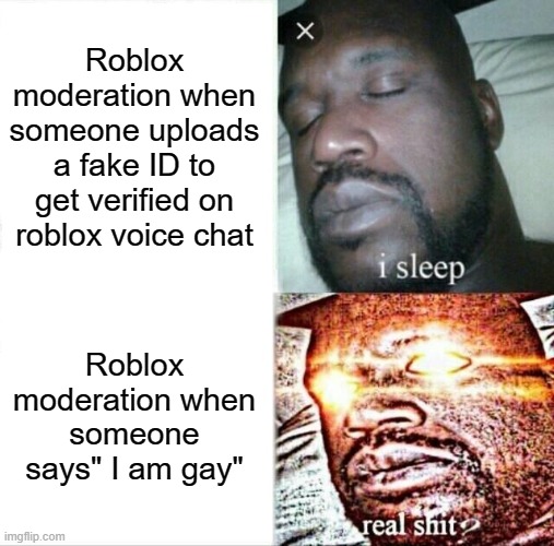 roblox moderation | Roblox moderation when someone uploads a fake ID to get verified on roblox voice chat; Roblox moderation when someone says" I am gay" | image tagged in memes,sleeping shaq,roblox,moderation | made w/ Imgflip meme maker