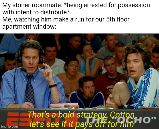 Bold Strategy Cotton | My stoner roommate: *being arrested for possession
with intent to distribute*
Me, watching him make a run for our 5th floor
apartment window:; That's a bold strategy, Cotton, let's see if it pays off for him | image tagged in bold strategy cotton,memes | made w/ Imgflip meme maker