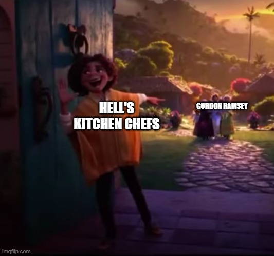 Hel's kitchen when they see Gordon Ramsay is coming | HELL'S KITCHEN CHEFS; GORDON RAMSEY | image tagged in camilo pointing,hell's kitchen,chef gordon ramsay | made w/ Imgflip meme maker