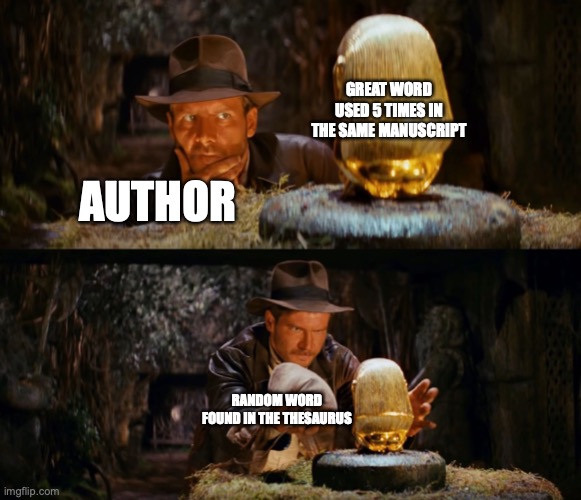 Overused word | GREAT WORD USED 5 TIMES IN THE SAME MANUSCRIPT; AUTHOR; RANDOM WORD FOUND IN THE THESAURUS | image tagged in indiana jones swap | made w/ Imgflip meme maker