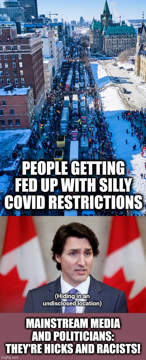 Enough! | PEOPLE GETTING FED UP WITH SILLY COVID RESTRICTIONS; (Hiding in an undisclosed location); MAINSTREAM MEDIA AND POLITICIANS: THEY'RE HICKS AND RACISTS! | image tagged in memes,covid-19,totalitarianism,democrats,liberals,restrictions | made w/ Imgflip meme maker