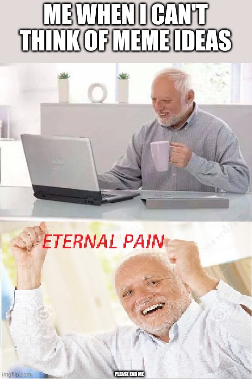 When I don't have meme ideas | ME WHEN I CAN'T THINK OF MEME IDEAS; PLEASE END ME | image tagged in eternal pain harold | made w/ Imgflip meme maker