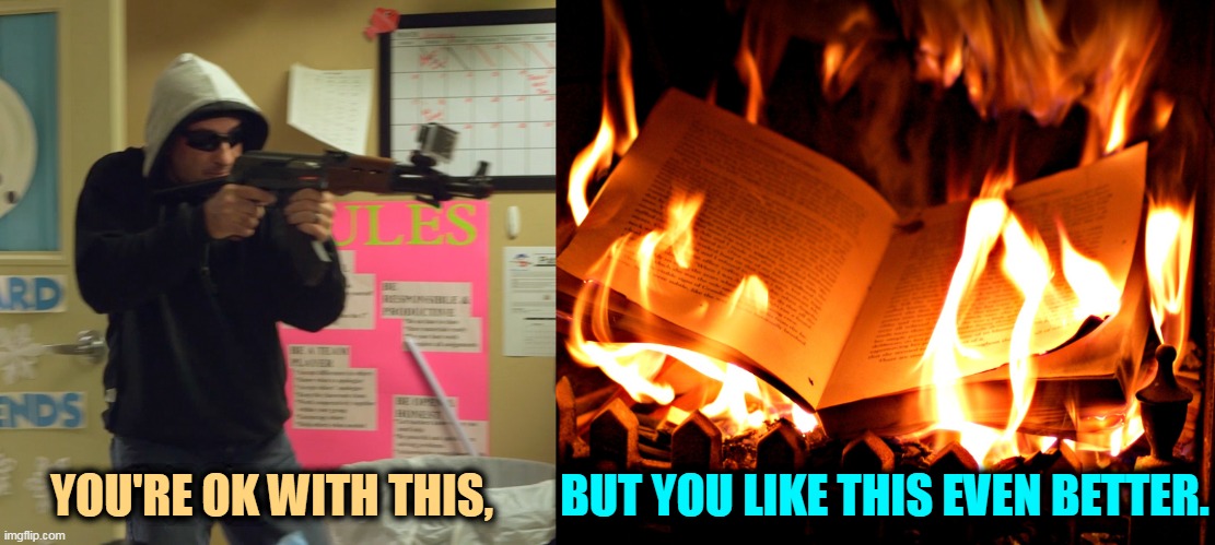 Book burning is very in among those who can't read. | YOU'RE OK WITH THIS, BUT YOU LIKE THIS EVEN BETTER. | image tagged in burning,books,stupid,parents,love,guns | made w/ Imgflip meme maker