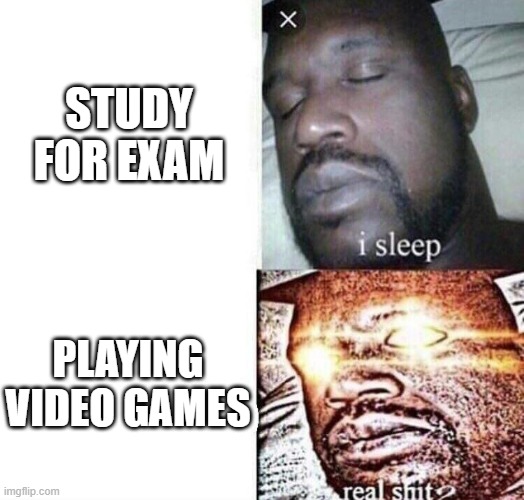 me irl | STUDY FOR EXAM; PLAYING VIDEO GAMES | image tagged in i sleep real shit | made w/ Imgflip meme maker