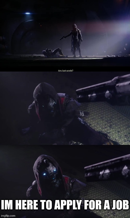 Any last words? | IM HERE TO APPLY FOR A JOB | image tagged in any last words,destiny 2,destiny | made w/ Imgflip meme maker