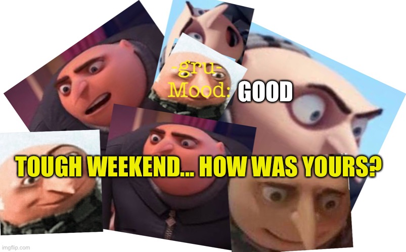 Hello again |  GOOD; TOUGH WEEKEND... HOW WAS YOURS? | image tagged in -gru- template | made w/ Imgflip meme maker