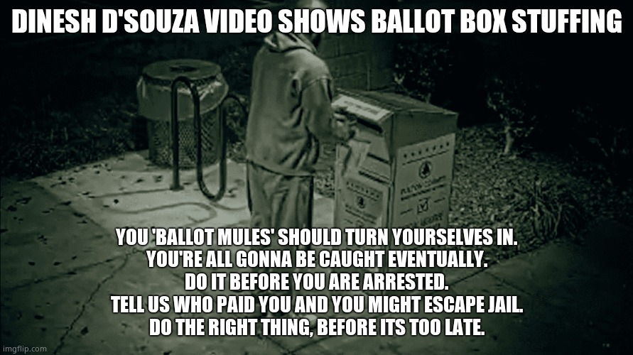 Ballot Box Stuffers | DINESH D'SOUZA VIDEO SHOWS BALLOT BOX STUFFING; YOU 'BALLOT MULES' SHOULD TURN YOURSELVES IN.
YOU'RE ALL GONNA BE CAUGHT EVENTUALLY.
DO IT BEFORE YOU ARE ARRESTED.
TELL US WHO PAID YOU AND YOU MIGHT ESCAPE JAIL.
DO THE RIGHT THING, BEFORE ITS TOO LATE. | image tagged in memes,election fraud,democrats,jail,criminals,political meme | made w/ Imgflip meme maker
