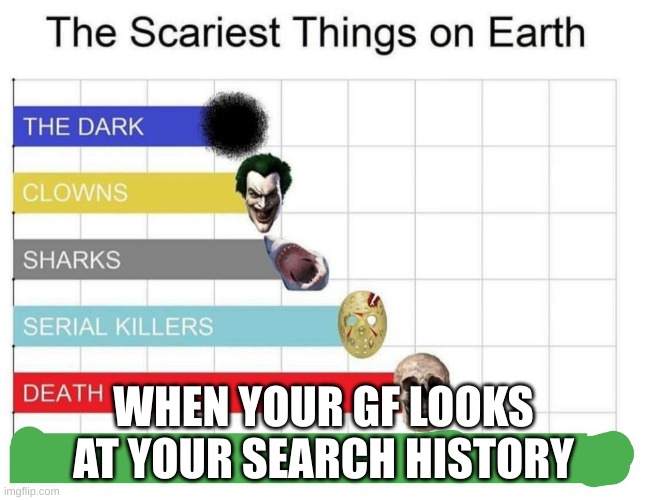 scariest things on earth | WHEN YOUR GF LOOKS AT YOUR SEARCH HISTORY | image tagged in scariest things on earth | made w/ Imgflip meme maker