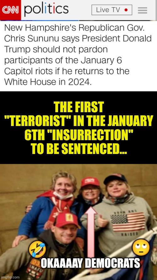 CNN - RINO Chris Sununu Says President Donald Trump Should Not Pardon Participants of the January 6 Capitol Riots  - Salty Army | THE FIRST "TERRORIST" IN THE JANUARY 6TH "INSURRECTION"
TO BE SENTENCED... 🙄; 🤣; OKAAAAY DEMOCRATS | image tagged in trump,politics,news,trending,grandma | made w/ Imgflip meme maker