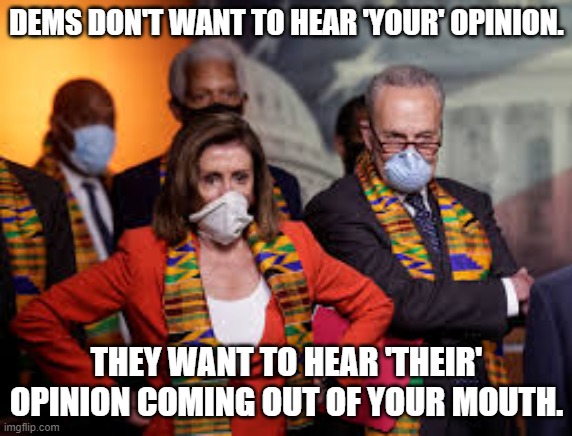 Funny truths | DEMS DON'T WANT TO HEAR 'YOUR' OPINION. THEY WANT TO HEAR 'THEIR' OPINION COMING OUT OF YOUR MOUTH. | image tagged in memes | made w/ Imgflip meme maker