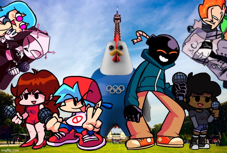 BF, GF, Pico, Whitty, Carol, Sky, Sarv and Ruv and the Possible 2024 Olympics Mascot at the Eiffel Tower, Paris | image tagged in friday night funkin,2024 olympics,eiffel tower,paris | made w/ Imgflip meme maker