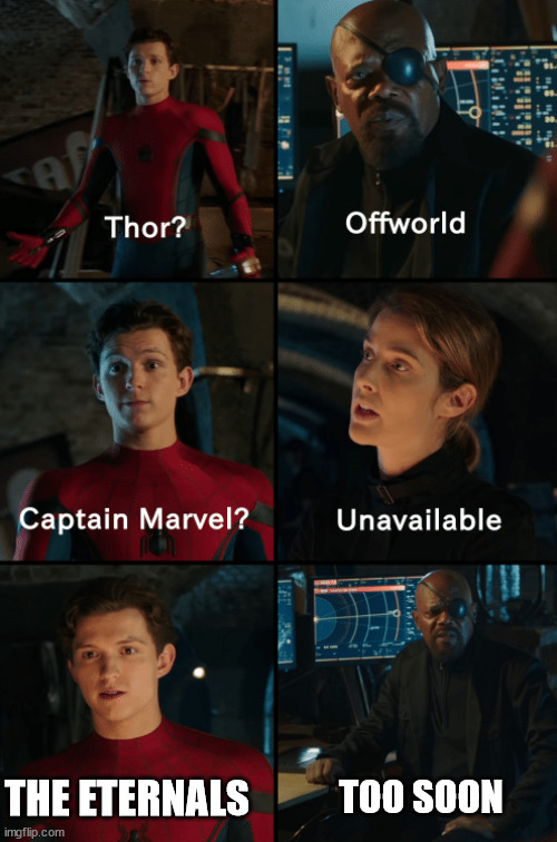 Thor off-world captain marvel unavailable |  THE ETERNALS; TOO SOON | image tagged in thor off-world captain marvel unavailable | made w/ Imgflip meme maker