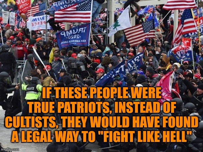 MAGAt insurrectionists | IF THESE PEOPLE WERE TRUE PATRIOTS, INSTEAD OF CULTISTS, THEY WOULD HAVE FOUND A LEGAL WAY TO "FIGHT LIKE HELL" | image tagged in cop-killer maga right wing capitol riot january 6th | made w/ Imgflip meme maker