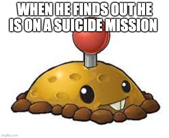 mine | WHEN HE FINDS OUT HE IS ON A SUICIDE MISSION | image tagged in dark humor,video games | made w/ Imgflip meme maker