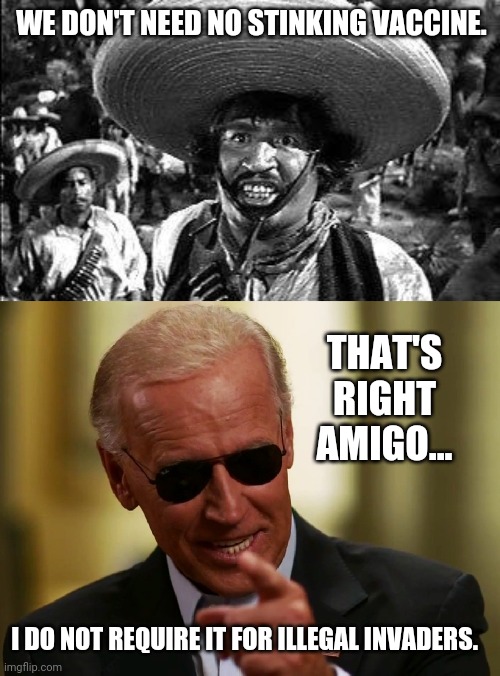 Illegals have it made in the shade. Off our tax dollars. | WE DON'T NEED NO STINKING VACCINE. THAT'S RIGHT AMIGO... I DO NOT REQUIRE IT FOR ILLEGAL INVADERS. | image tagged in badges,cool joe biden | made w/ Imgflip meme maker