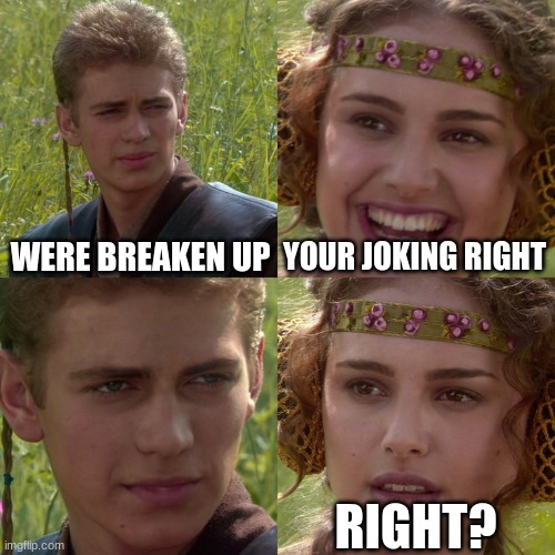 Anakin Padme 4 Panel | WERE BREAKEN UP; YOUR JOKING RIGHT; RIGHT? | image tagged in anakin padme 4 panel | made w/ Imgflip meme maker