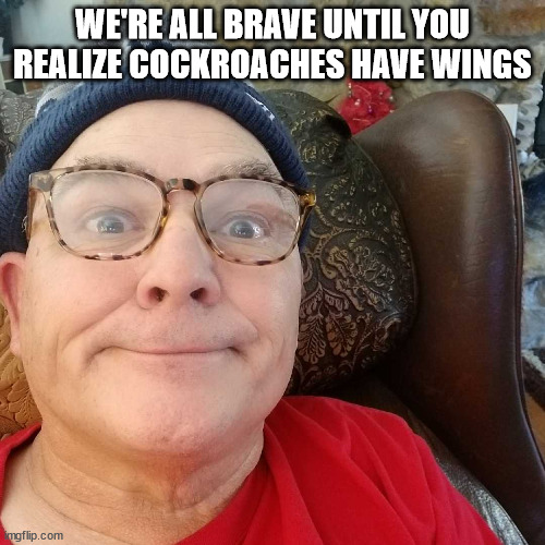 Durl Earl | WE'RE ALL BRAVE UNTIL YOU REALIZE COCKROACHES HAVE WINGS | image tagged in durl earl | made w/ Imgflip meme maker