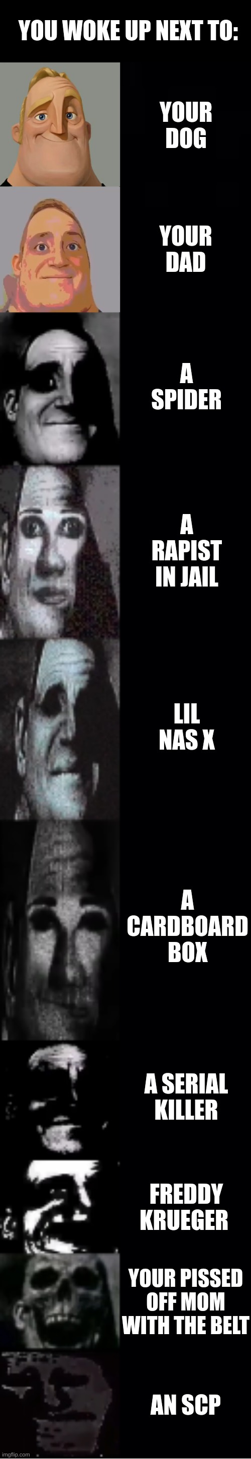 i love this meme | YOU WOKE UP NEXT TO:; YOUR DOG; YOUR DAD; A SPIDER; A RAPIST IN JAIL; LIL NAS X; A CARDBOARD BOX; A SERIAL KILLER; FREDDY KRUEGER; YOUR PISSED OFF MOM WITH THE BELT; AN SCP | image tagged in mr incredible becoming uncanny | made w/ Imgflip meme maker