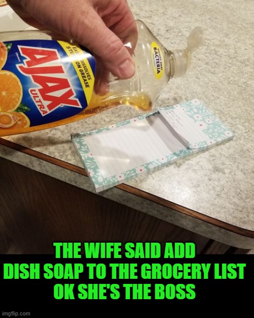 ok she's the boss | THE WIFE SAID ADD DISH SOAP TO THE GROCERY LIST
OK SHE'S THE BOSS | made w/ Imgflip meme maker