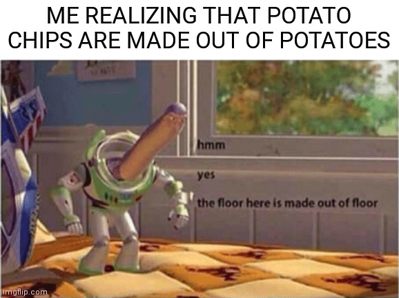 hmm yes the floor here is made out of floor | ME REALIZING THAT POTATO CHIPS ARE MADE OUT OF POTATOES | image tagged in hmm yes the floor here is made out of floor,memes,potatoes,potato chips | made w/ Imgflip meme maker