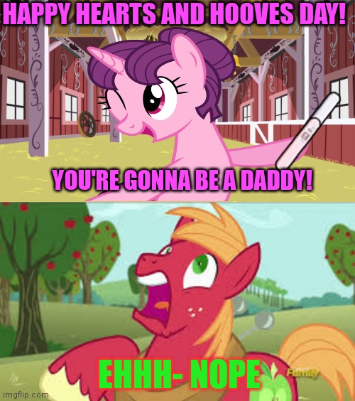 Big mac problems | HAPPY HEARTS AND HOOVES DAY! YOU'RE GONNA BE A DADDY! EHHH- NOPE | image tagged in big mac,problems,mlp,pregnancy test,sugar belle | made w/ Imgflip meme maker