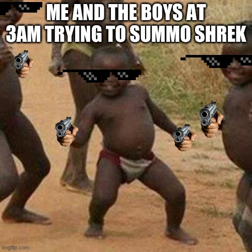 Third World Success Kid | ME AND THE BOYS AT 3AM TRYING TO SUMMO SHREK | image tagged in memes,third world success kid | made w/ Imgflip meme maker