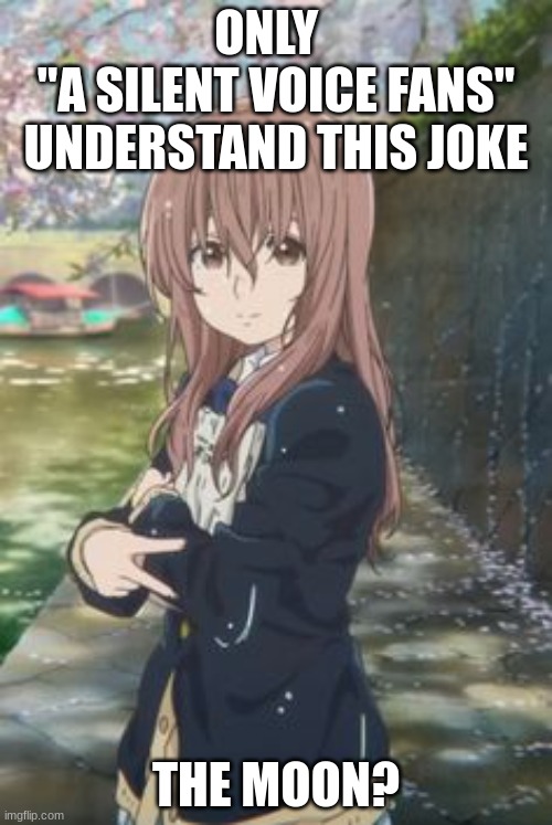 The Moon? | ONLY  
"A SILENT VOICE FANS" UNDERSTAND THIS JOKE; THE MOON? | image tagged in shouko nishimiya | made w/ Imgflip meme maker