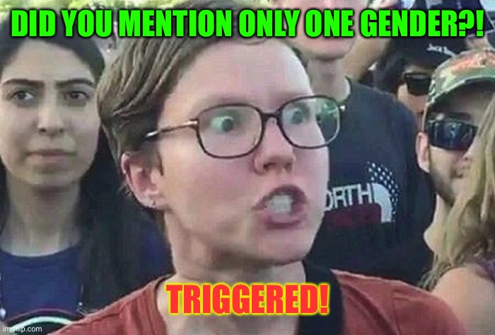 Triggered Liberal | DID YOU MENTION ONLY ONE GENDER?! TRIGGERED! | image tagged in triggered liberal | made w/ Imgflip meme maker