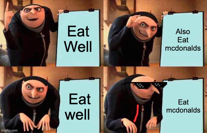 Gru's Plan Meme | Eat Well; Also Eat mcdonalds; Eat well; Eat mcdonalds | image tagged in memes,gru's plan | made w/ Imgflip meme maker