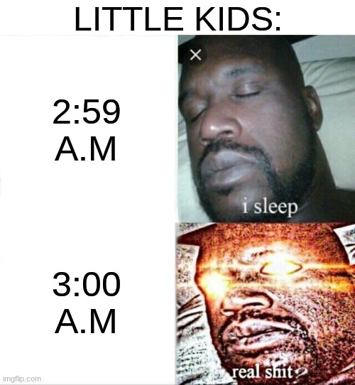 lol, we all felt this at some point | LITTLE KIDS:; 2:59 A.M; 3:00 A.M | image tagged in memes,sleeping shaq | made w/ Imgflip meme maker