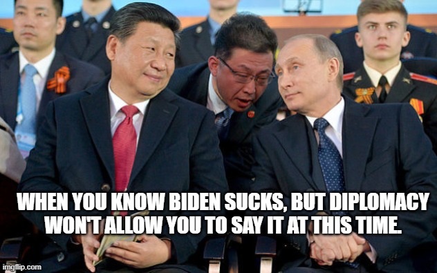 Xi and Putin | WHEN YOU KNOW BIDEN SUCKS, BUT DIPLOMACY WON'T ALLOW YOU TO SAY IT AT THIS TIME. | image tagged in xi and putin | made w/ Imgflip meme maker
