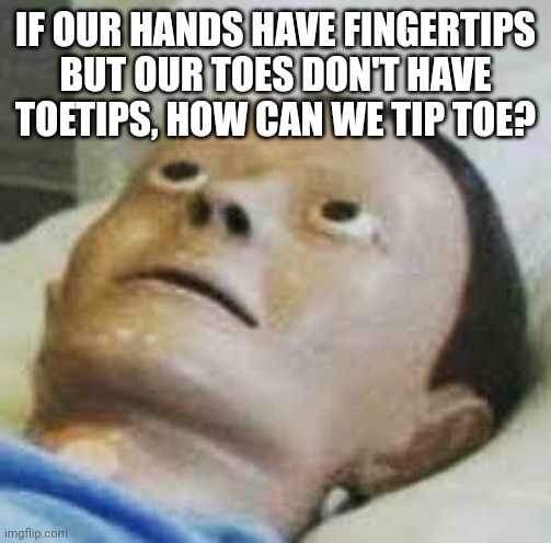 Traumatized Mannequin | IF OUR HANDS HAVE FINGERTIPS BUT OUR TOES DON'T HAVE TOETIPS, HOW CAN WE TIP TOE? | image tagged in traumatized mannequin | made w/ Imgflip meme maker