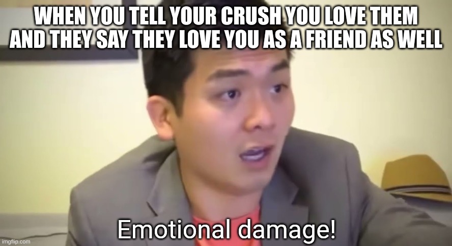 Emotional damage |  WHEN YOU TELL YOUR CRUSH YOU LOVE THEM AND THEY SAY THEY LOVE YOU AS A FRIEND AS WELL | image tagged in emotional damage,rip,oof | made w/ Imgflip meme maker