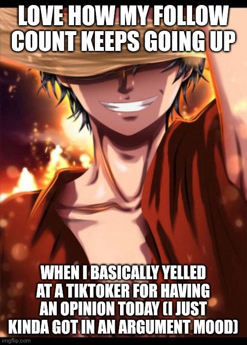 Luffy hidden smile | LOVE HOW MY FOLLOW COUNT KEEPS GOING UP; WHEN I BASICALLY YELLED AT A TIKTOKER FOR HAVING AN OPINION TODAY (I JUST KINDA GOT IN AN ARGUMENT MOOD) | image tagged in luffy hidden smile | made w/ Imgflip meme maker