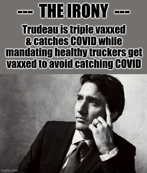 HOW MUCH LONGER WILL THE IDIOCRACY CONTINUE? |  ---  THE IRONY  ---; Trudeau is triple vaxxed & catches COVID while mandating healthy truckers get vaxxed to avoid catching COVID | image tagged in trudeau,covidiots,sheep follow,irony | made w/ Imgflip meme maker