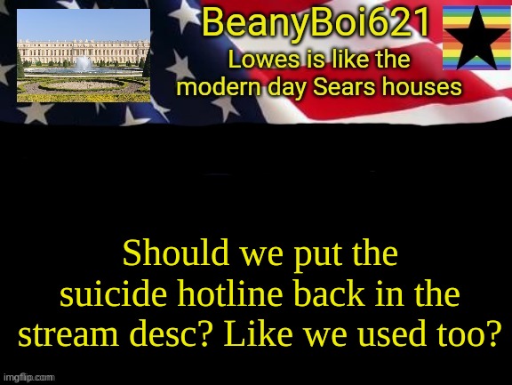 Just saying... | Should we put the suicide hotline back in the stream desc? Like we used too? | image tagged in american beany | made w/ Imgflip meme maker