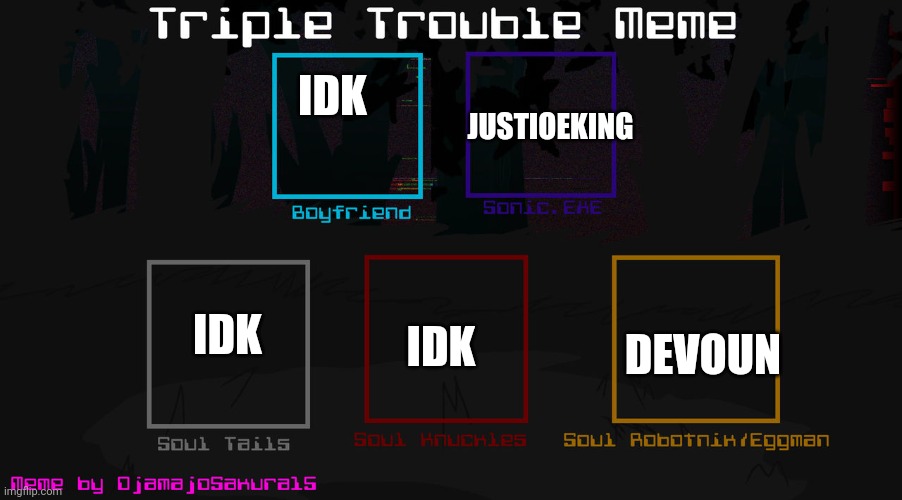Triple trouble; fruit edition | JUSTIOEKING; IDK; IDK; IDK; DEVOUN | made w/ Imgflip meme maker