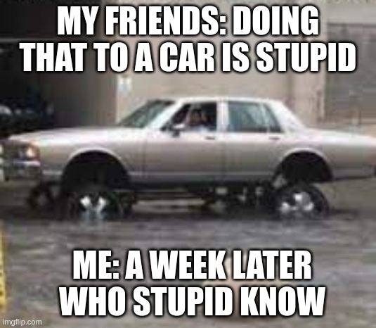who is stupid know | MY FRIENDS: DOING THAT TO A CAR IS STUPID; ME: A WEEK LATER
WHO STUPID KNOW | image tagged in car meme | made w/ Imgflip meme maker