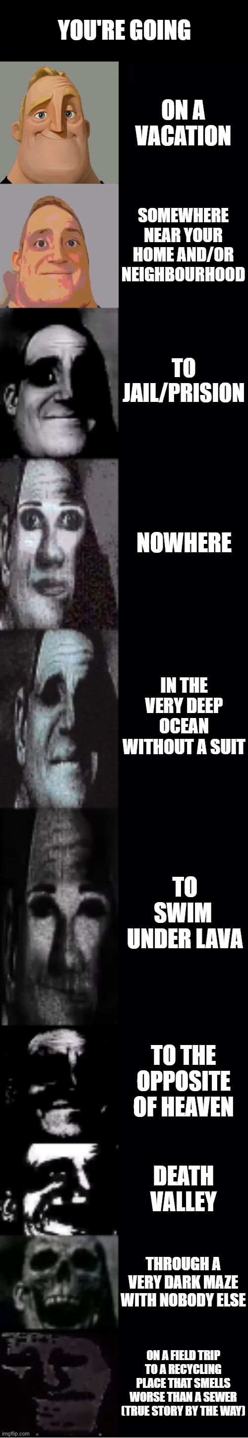 oh woe is me | YOU'RE GOING; ON A VACATION; SOMEWHERE NEAR YOUR HOME AND/OR NEIGHBOURHOOD; TO JAIL/PRISION; NOWHERE; IN THE VERY DEEP OCEAN WITHOUT A SUIT; TO SWIM 
UNDER LAVA; TO THE OPPOSITE OF HEAVEN; DEATH VALLEY; THROUGH A VERY DARK MAZE WITH NOBODY ELSE; ON A FIELD TRIP TO A RECYCLING PLACE THAT SMELLS WORSE THAN A SEWER (TRUE STORY BY THE WAY) | image tagged in mr incredible becoming uncanny,memes | made w/ Imgflip meme maker