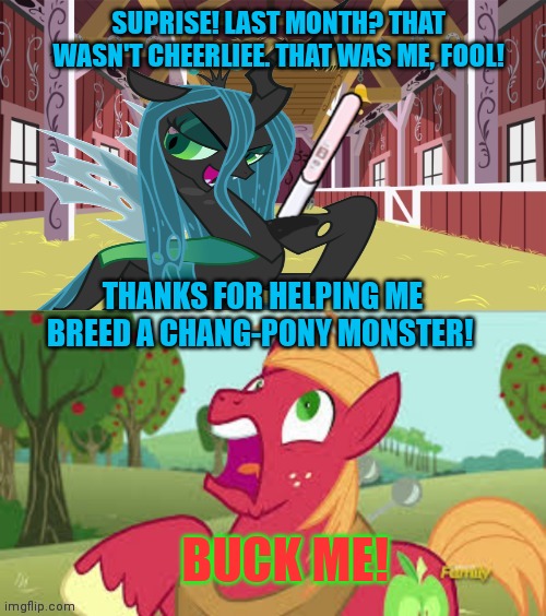 More Big Mac problems | SUPRISE! LAST MONTH? THAT WASN'T CHEERLIEE. THAT WAS ME, FOOL! THANKS FOR HELPING ME BREED A CHANG-PONY MONSTER! BUCK ME! | image tagged in big mac,problems,my little pony,pregnancy test,chrysalis | made w/ Imgflip meme maker