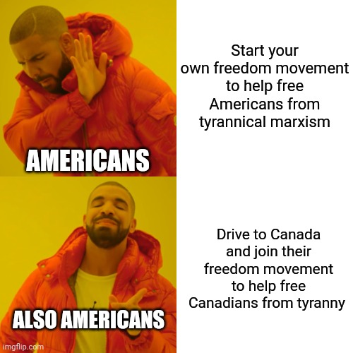Americans are pussies | Start your own freedom movement to help free Americans from tyrannical marxism; AMERICANS; Drive to Canada and join their freedom movement to help free Canadians from tyranny; ALSO AMERICANS | image tagged in memes,drake hotline bling,america,canada,it's free real estate,tyranny | made w/ Imgflip meme maker