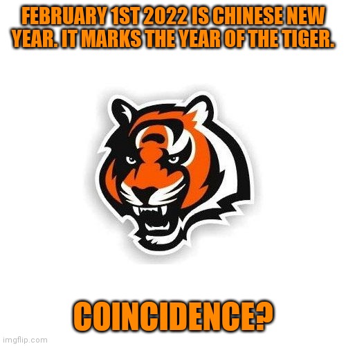 Go Bengals! | FEBRUARY 1ST 2022 IS CHINESE NEW YEAR. IT MARKS THE YEAR OF THE TIGER. COINCIDENCE? | image tagged in cincinnati bengals | made w/ Imgflip meme maker