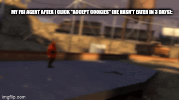 He was in my walls, begging for food | MY FBI AGENT AFTER I CLICK "ACCEPT COOKIES" (HE HASN'T EATEN IN 3 DAYS): | image tagged in gifs,e | made w/ Imgflip video-to-gif maker
